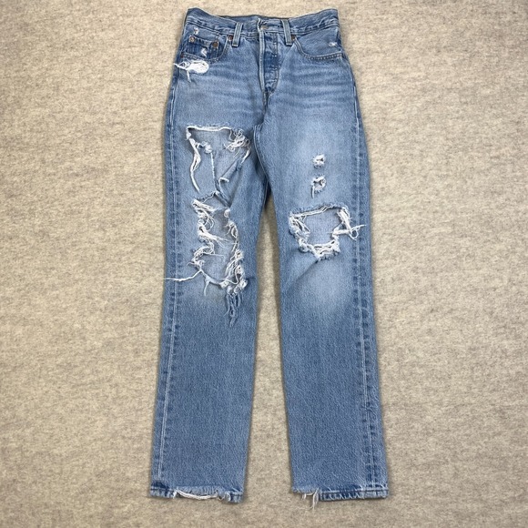 Levi's Denim - Levis Jeans Womens 25 Blue Pants 501 Button Fly Light Destroyed American Denim‎